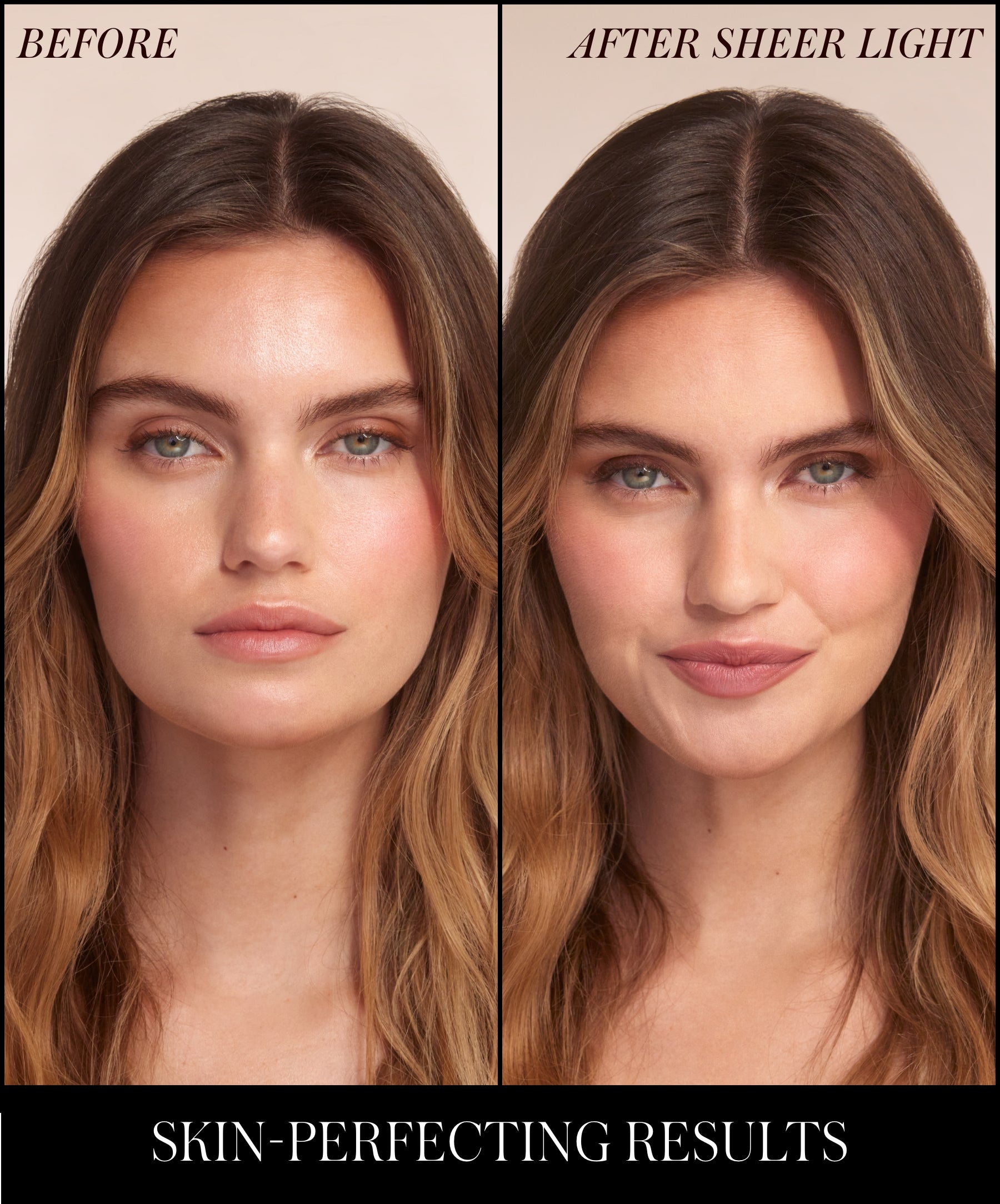 Model before RMS Hydra Setting Powder and after in shade Sheer Light