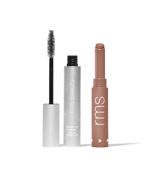 RMS Legendary Serum Lipstick: The Nudes in shade Jayne and Straight Up Volumizing Mascara.