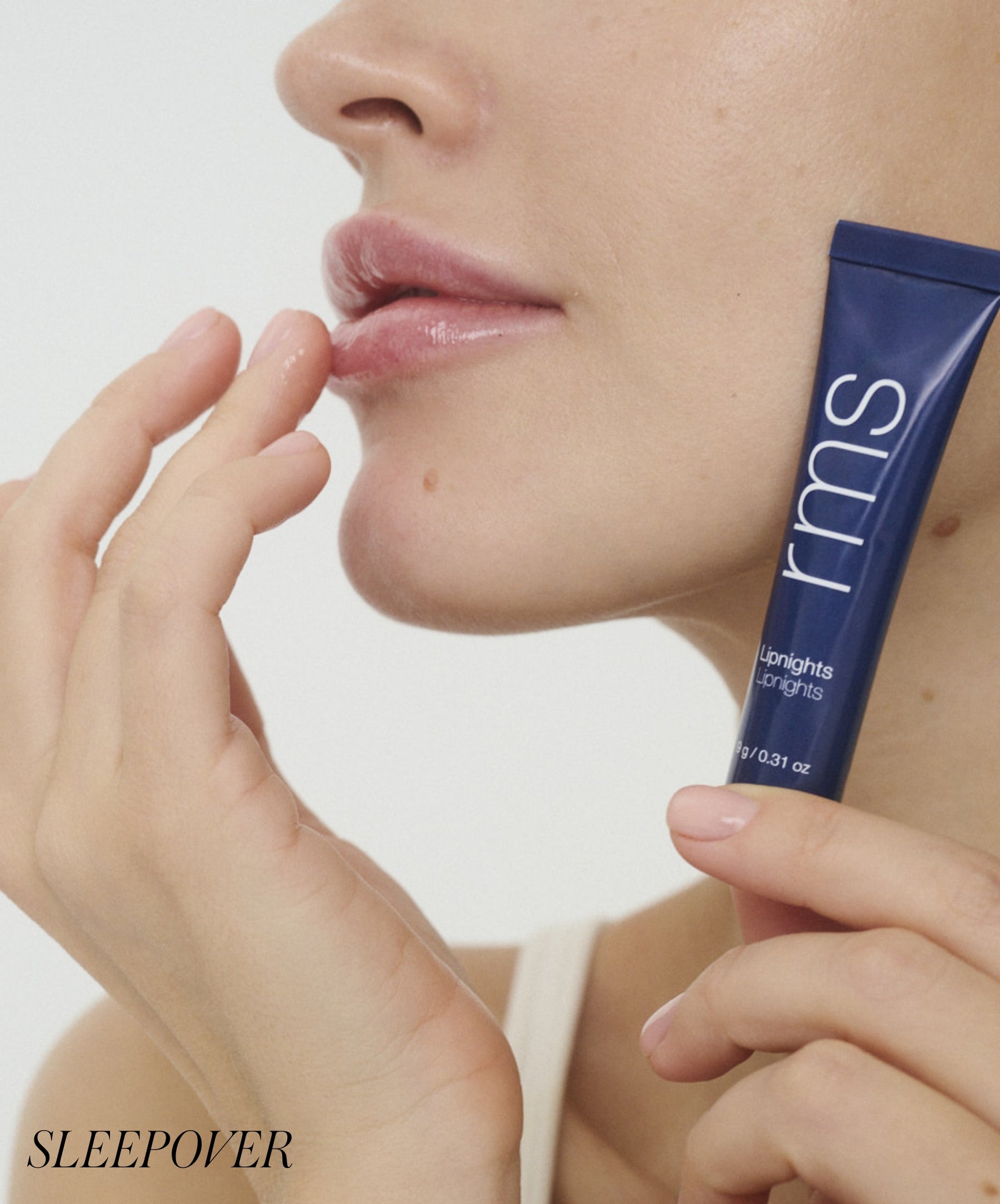 RMS Lipnights Overnight Lip Mask Sleepover model applying on lips