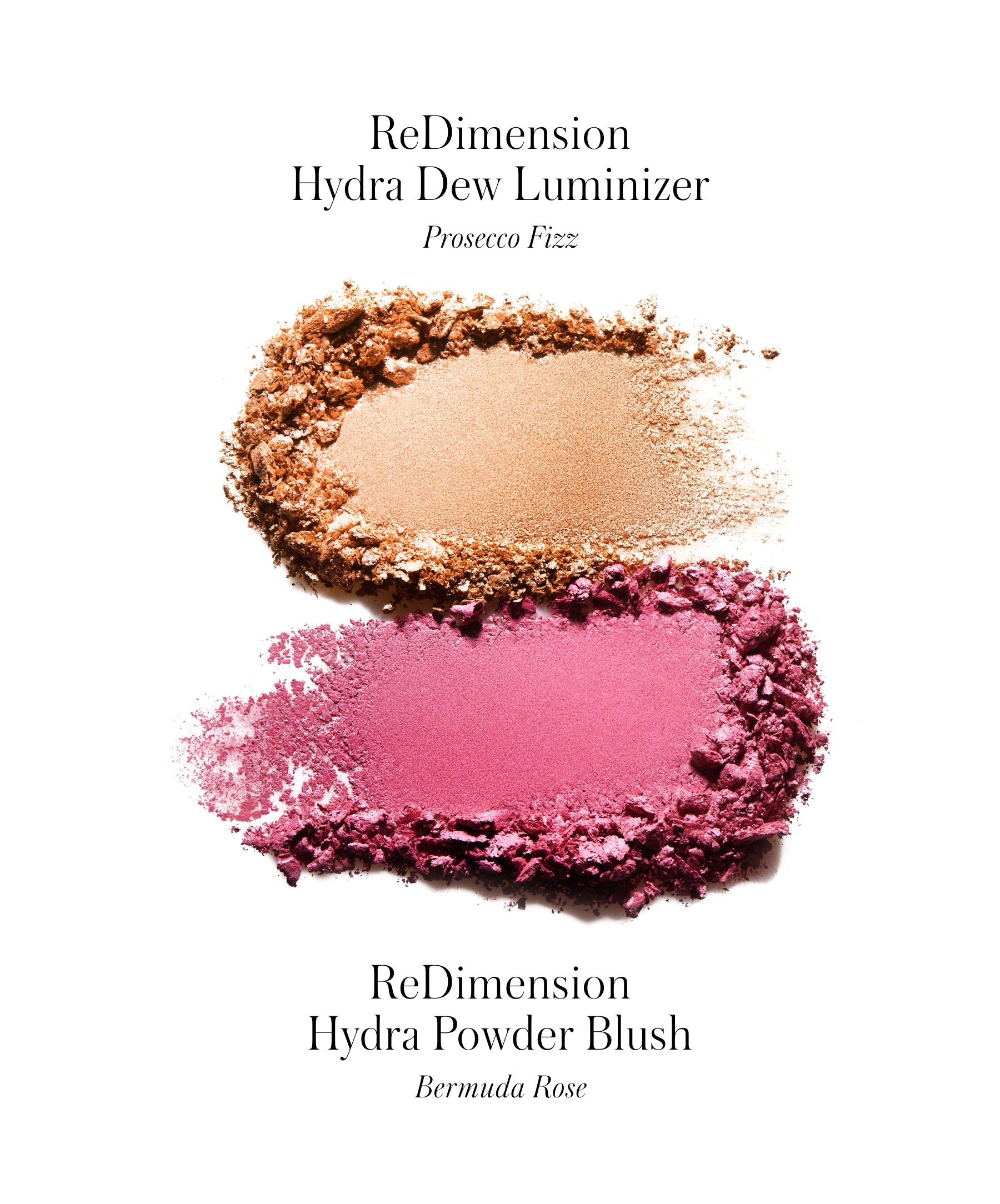 Swatches of RMS ReDimension Hydra Dew Luminizer in shade Prosecco Fizz and ReDimension Hydra Powder Blush in the exclusive shade Bermuda Rose, showing the velvety texture.