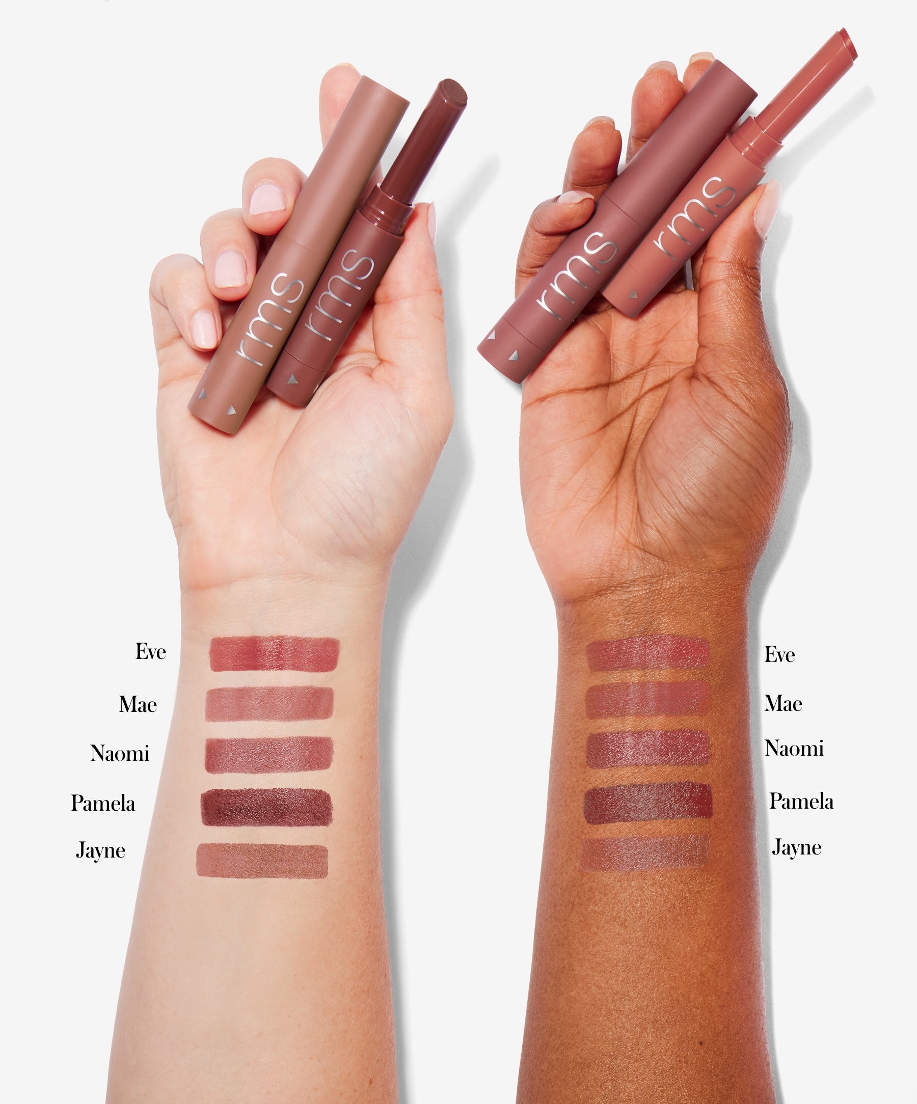 Arm swatches of Legendary Serum Lipstick: The Nudes shades