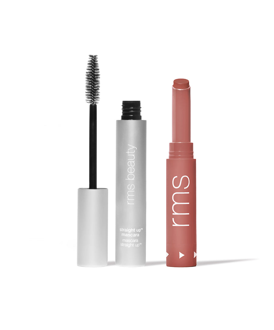 RMS Legendary Serum Lipstick: The Nudes in shade Mae and Straight Up Volumizing Mascara.