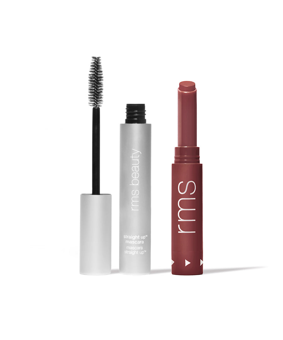 RMS Legendary Serum Lipstick: The Nudes in shade Naomi and Straight Up Volumizing Mascara.