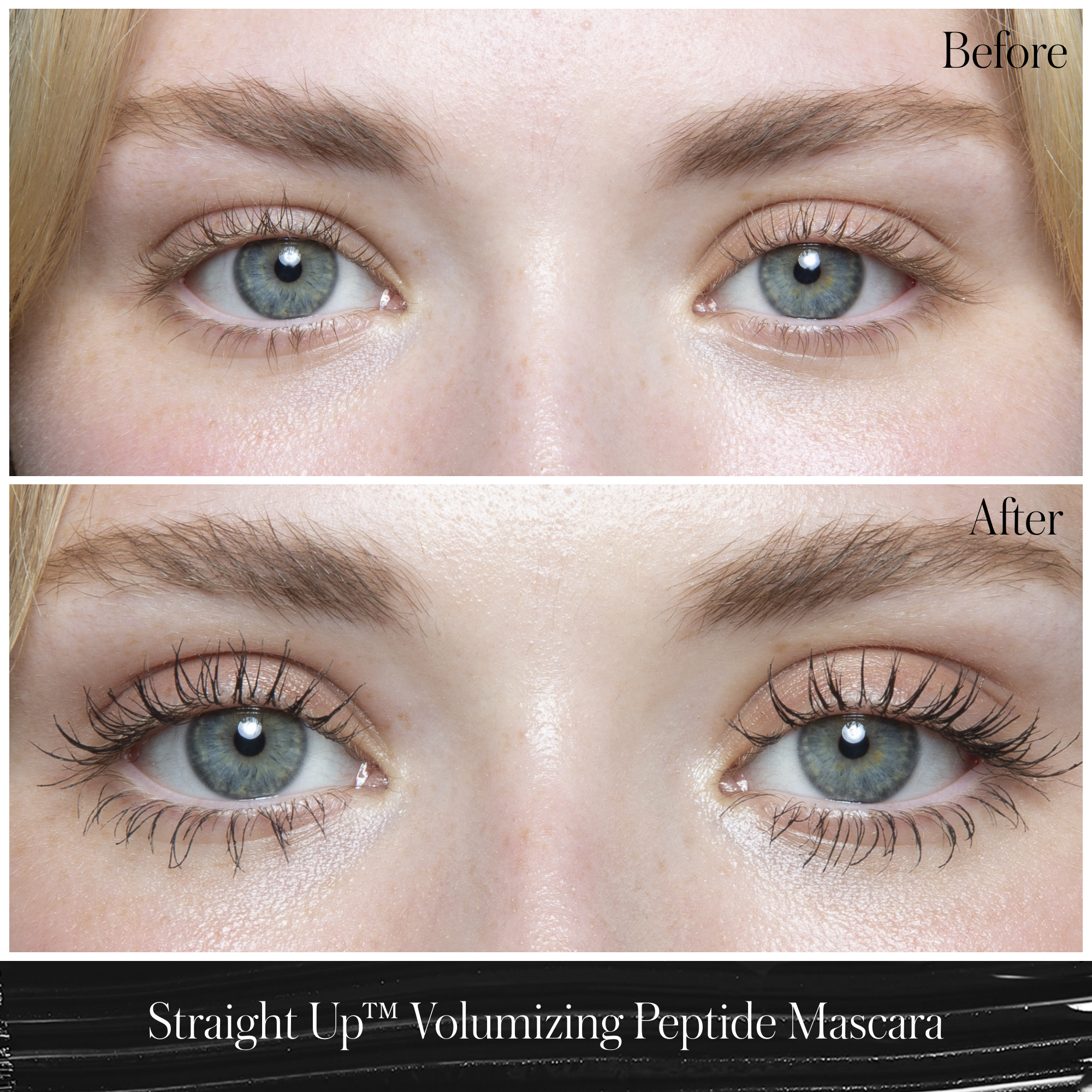 Before and after photos of model using Straight Up Volumizing Peptide Mascara, making model's eyelashes appear longer, darker, and more volume.