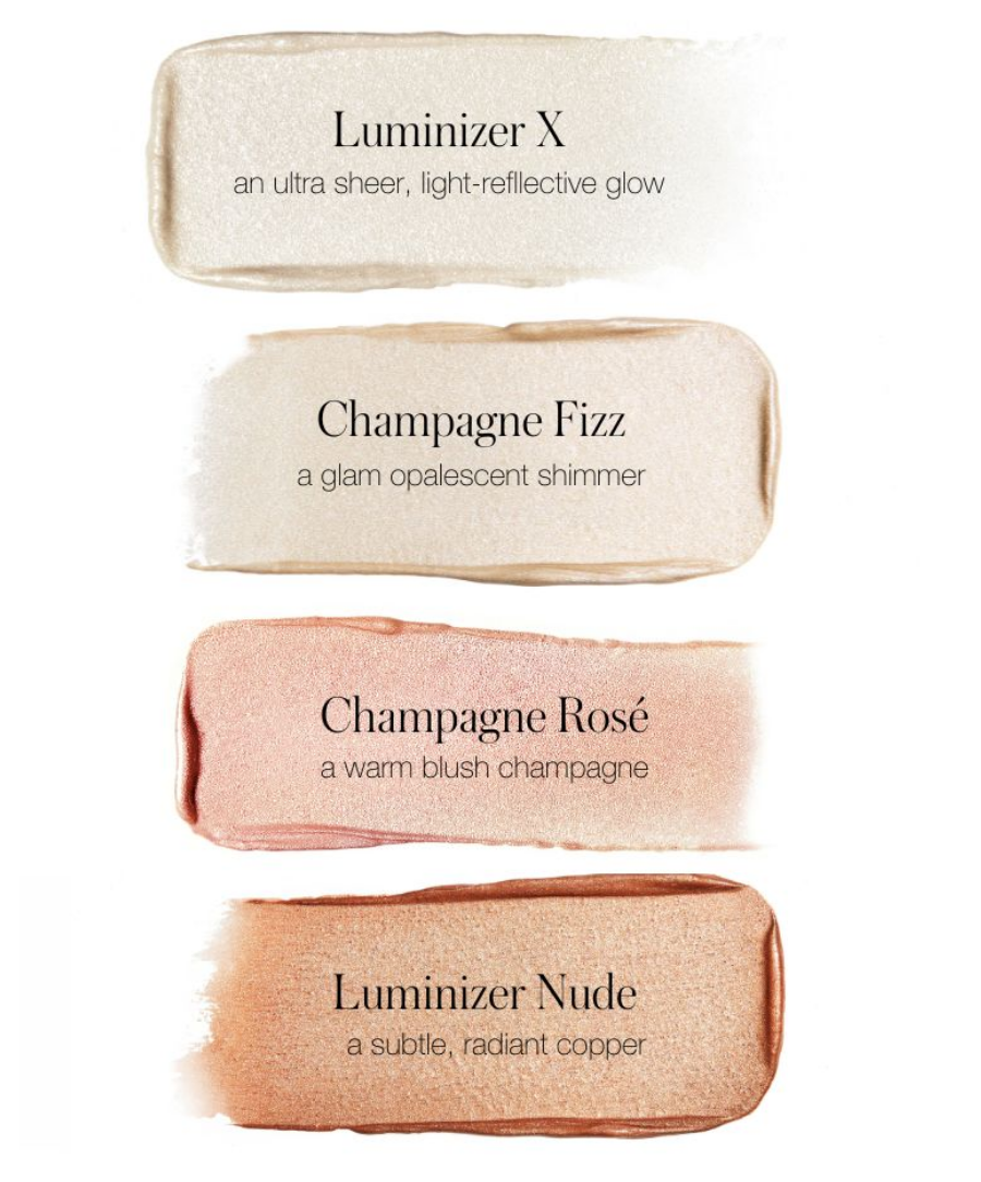 Shade swatches Luminizer X, Champagne Fizz, Champagne Rose, and Luminizer Nude