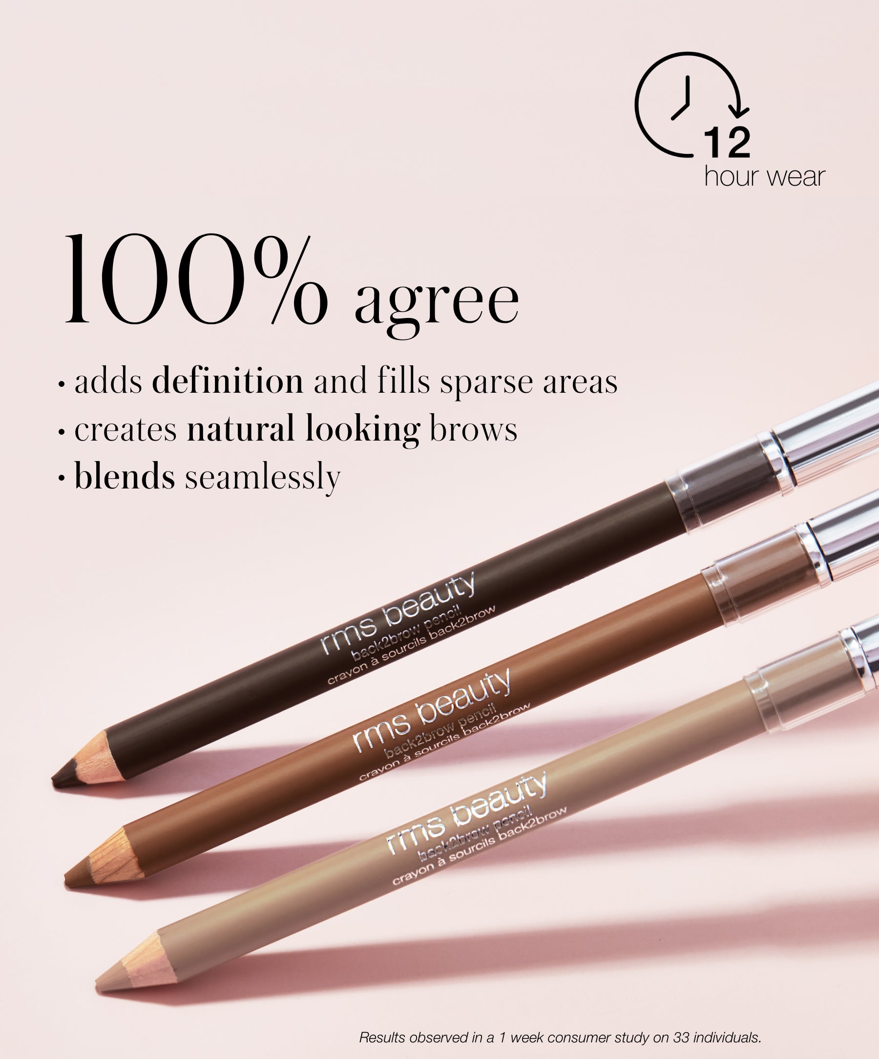 Back2Brow listing results 12 hour wear, adds definition and fills sparse areas, creates natural looking brows, and blends seamlessly. Back2Brow Pencil shades in Dark, Medium, Light.