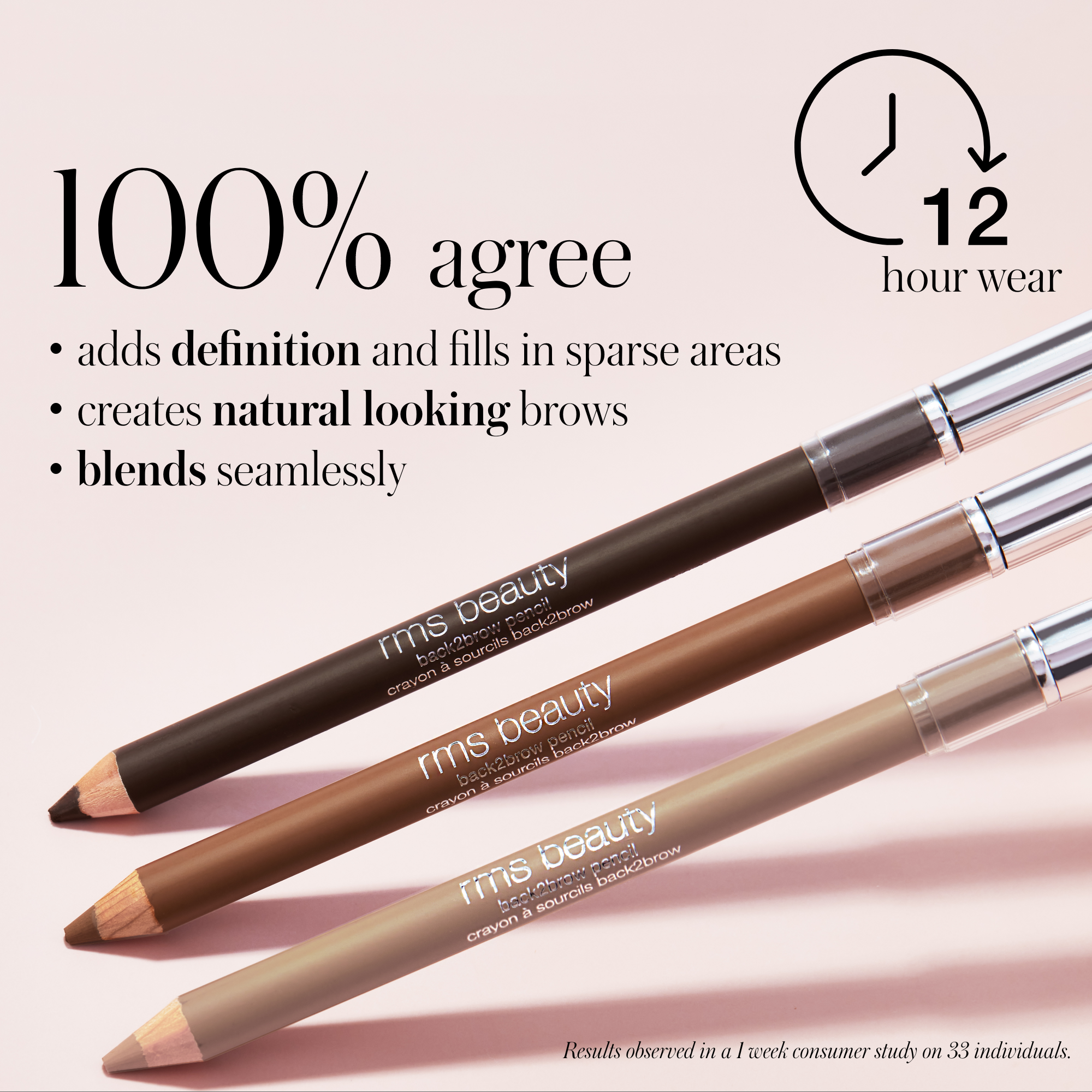 Back2Brow listing results 12 hour wear, adds definition and fills sparse areas, creates natural looking brows, and blends seamlessly. Back2Brow Pencil shades in Dark, Medium, Light.