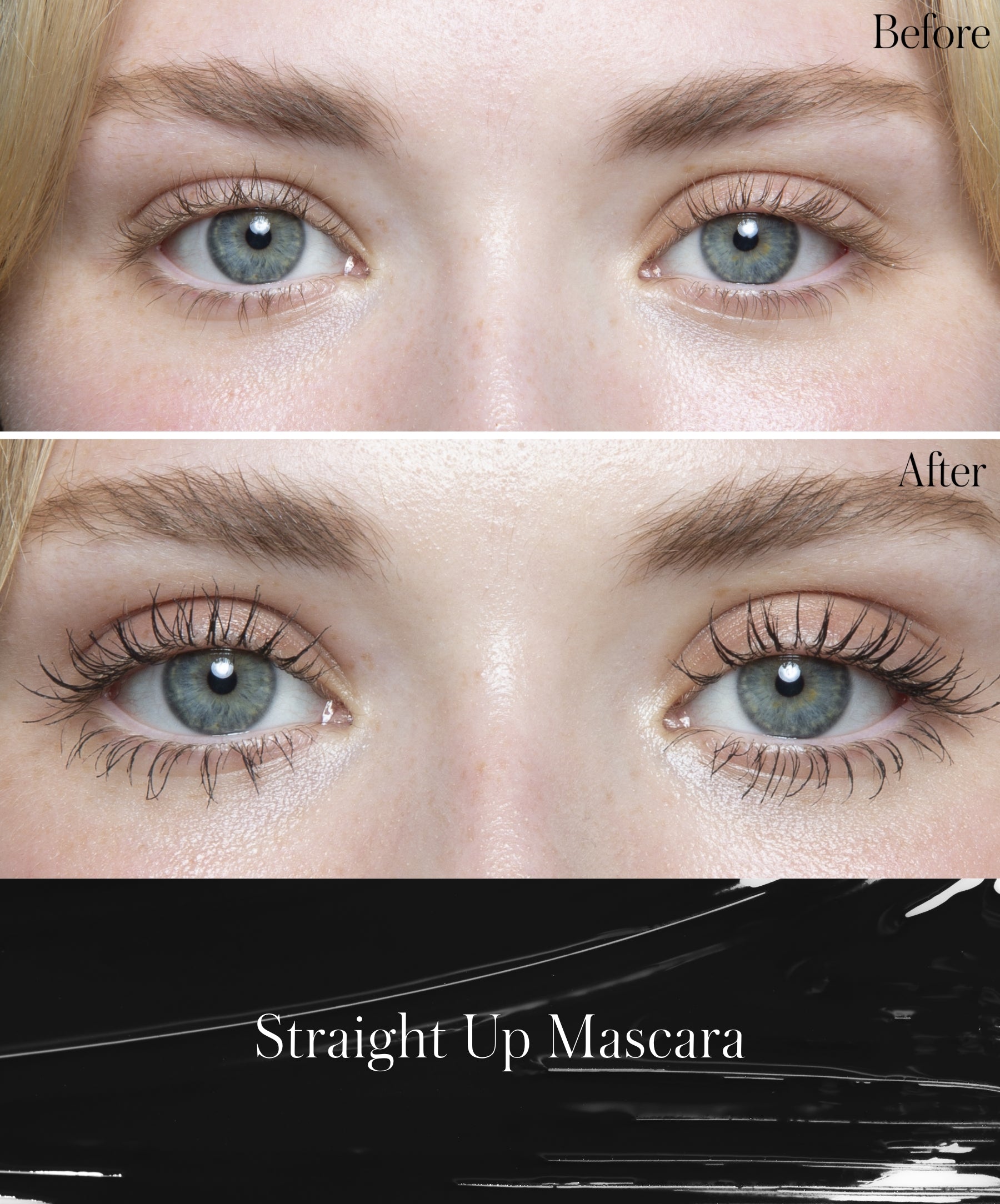 Before and after photos of model using Straight Up Volumizing Peptide Mascara, making model's eyelashes appear longer, darker, and more volume.