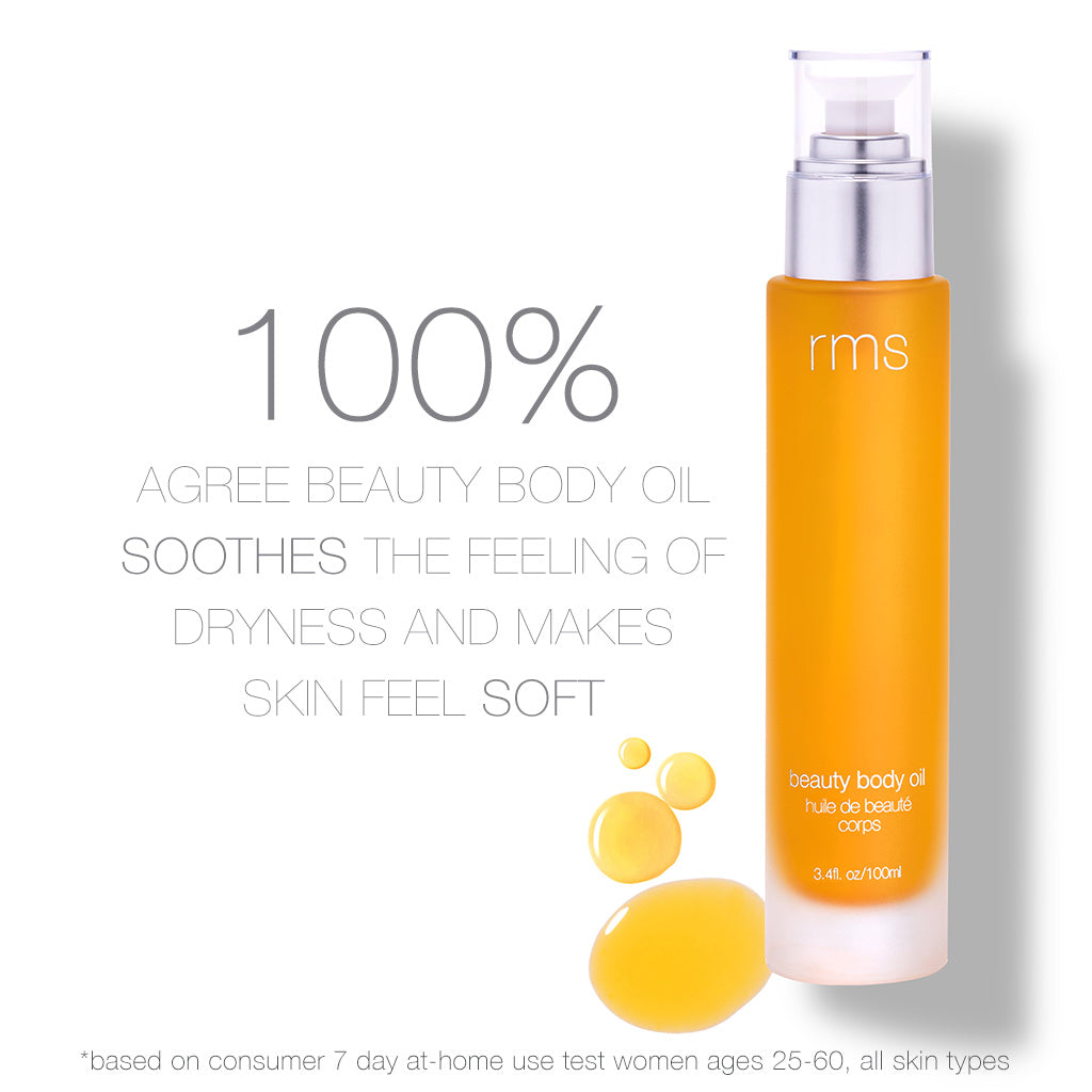 Glass bottle of RMS Beauty Body Oil with a pump dispenser, showing a lightweight, golden-hued oil designed to hydrate and nourish the skin. 100% agree beauty body oil soothes the feeling of dryness and makes skin feel soft, based on consumer 7 day at-home use test women ages 25-60, all skin types.